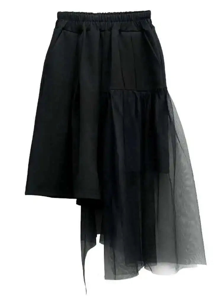 High Elastic Waist Irregular Mesh Black Wide Leg Pants New Loose Fit Trousers Women Fashion Spring Summer 2025 1DF4795