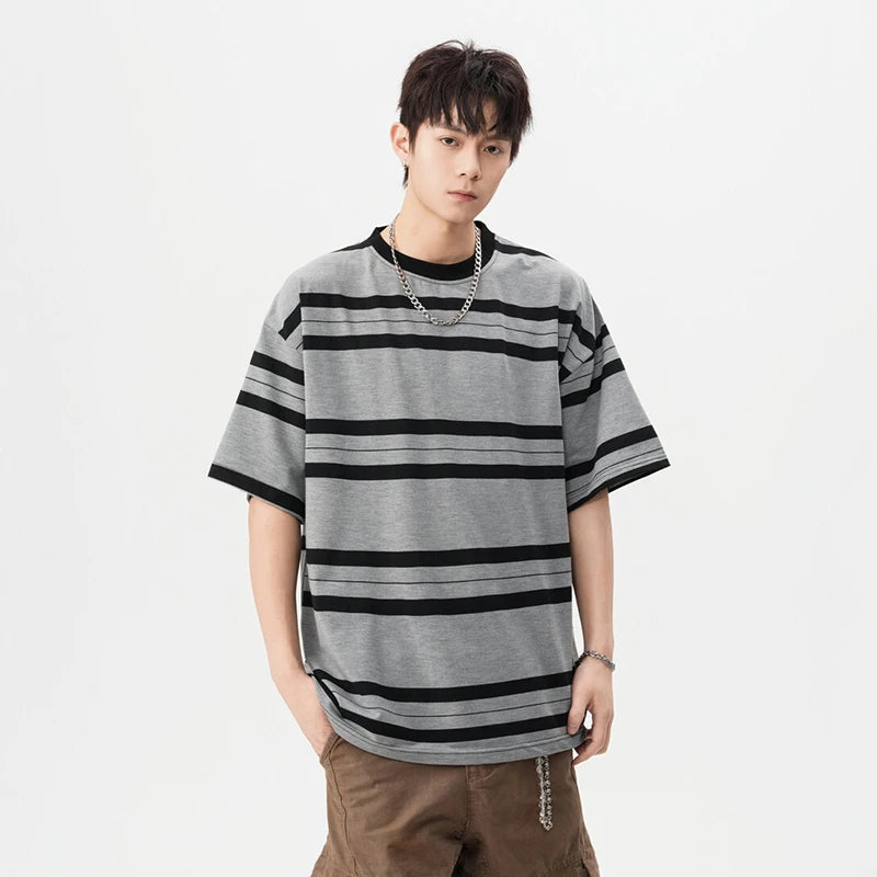 Men' Short Sleeve T-shirts New Summer American Fanshion Striped Round Neck Trendy Male Casual Pullover Top T-shirt 9W1668