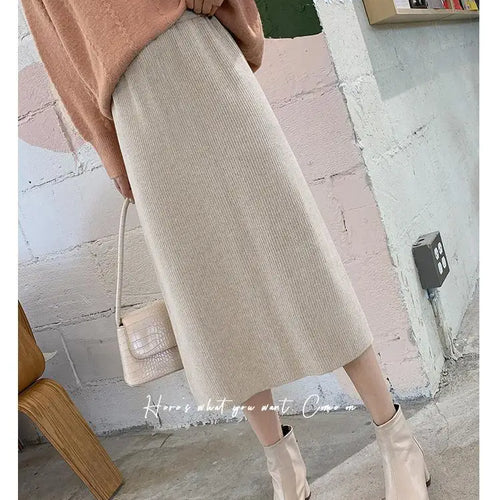 Load image into Gallery viewer, Korean Version Black Elegant Office Ladies Knitted Long Skirt Women Autumn Winter Beige High Waist Split Half Skirts Fashion New
