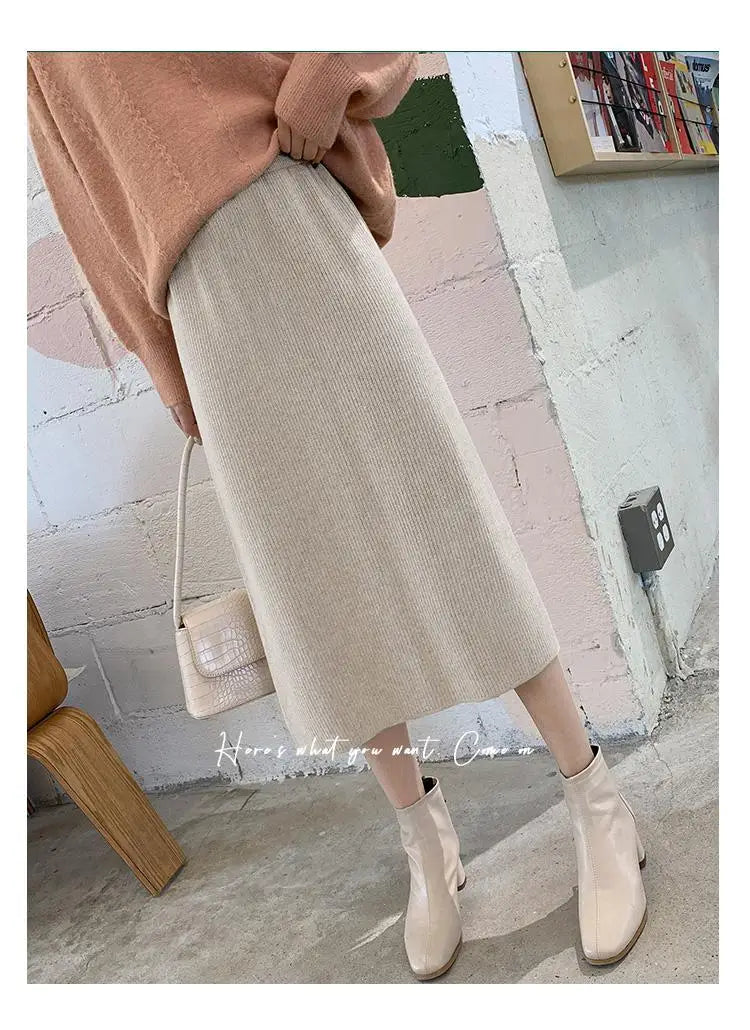 Korean Version Black Elegant Office Ladies Knitted Long Skirt Women Autumn Winter Beige High Waist Split Half Skirts Fashion New