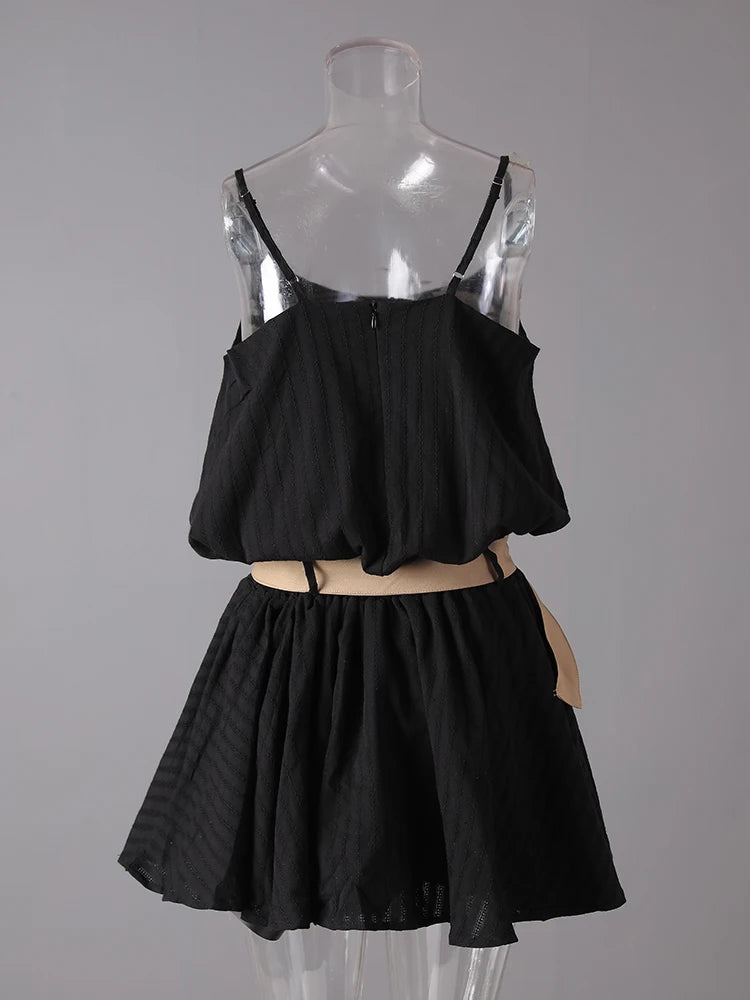 Women White Belted Elegant Spaghetti Strap Mini Dress New Round Neck Sleeveless Fashion Tide Spring Summer 2025 CPG3145