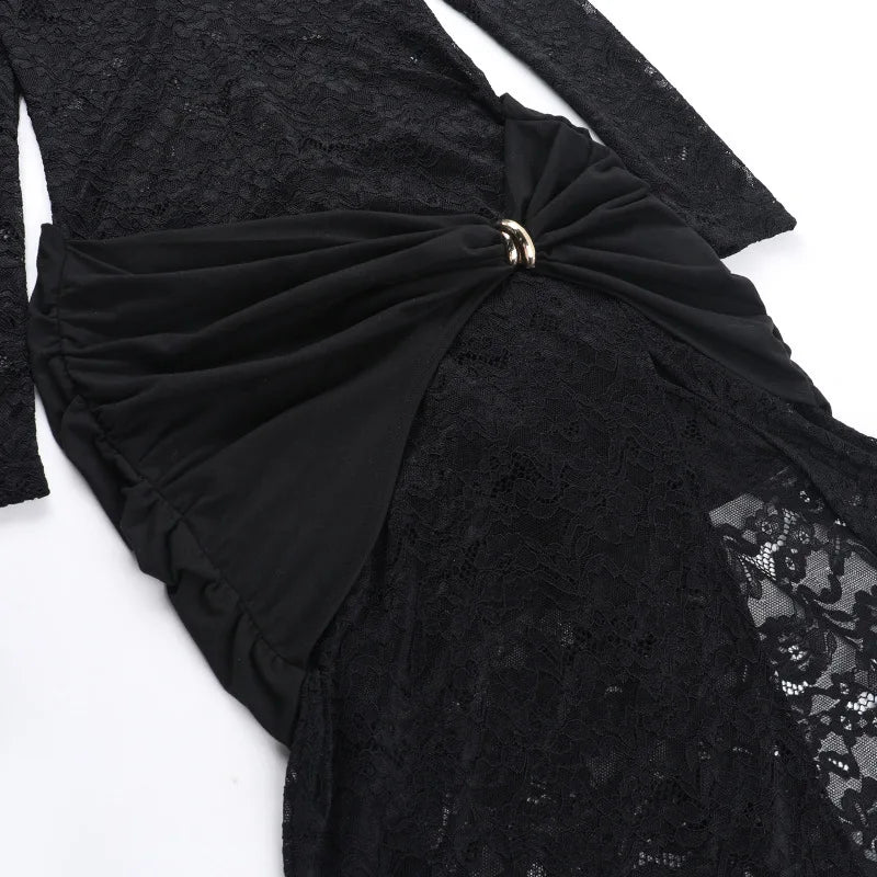 Lace Hollow Out Sexy Maxi Dress For Women Fashion Long Sleeve Thigh High Split Bodycon Club Evening Long Dress Elegant