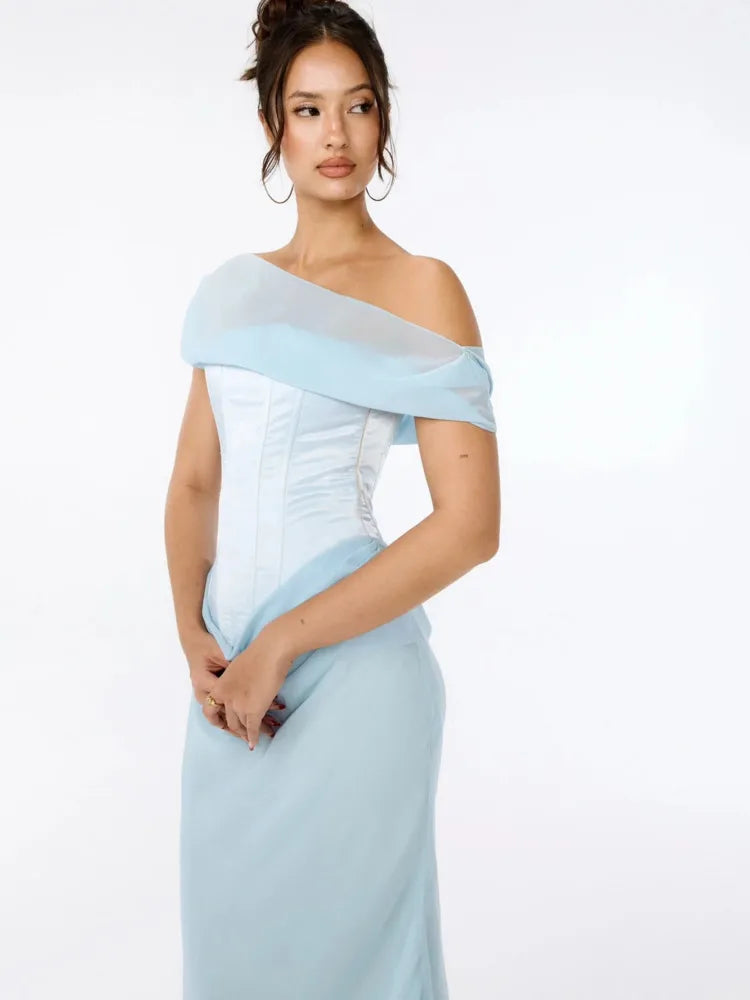 Elegant Mesh Patchwork Off Shoulder Bodycon Women Party Evening Dress 2025 Spring New Maxi Vestidos Sexy Backless Dress