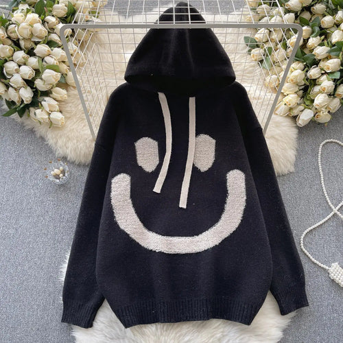 Load image into Gallery viewer, Women Patchwork Smiling Face Pullover Sweater Korean Loose Long Sleeve Casual Autumn Winter Thick Warm Knitted Hooded Tops Trend
