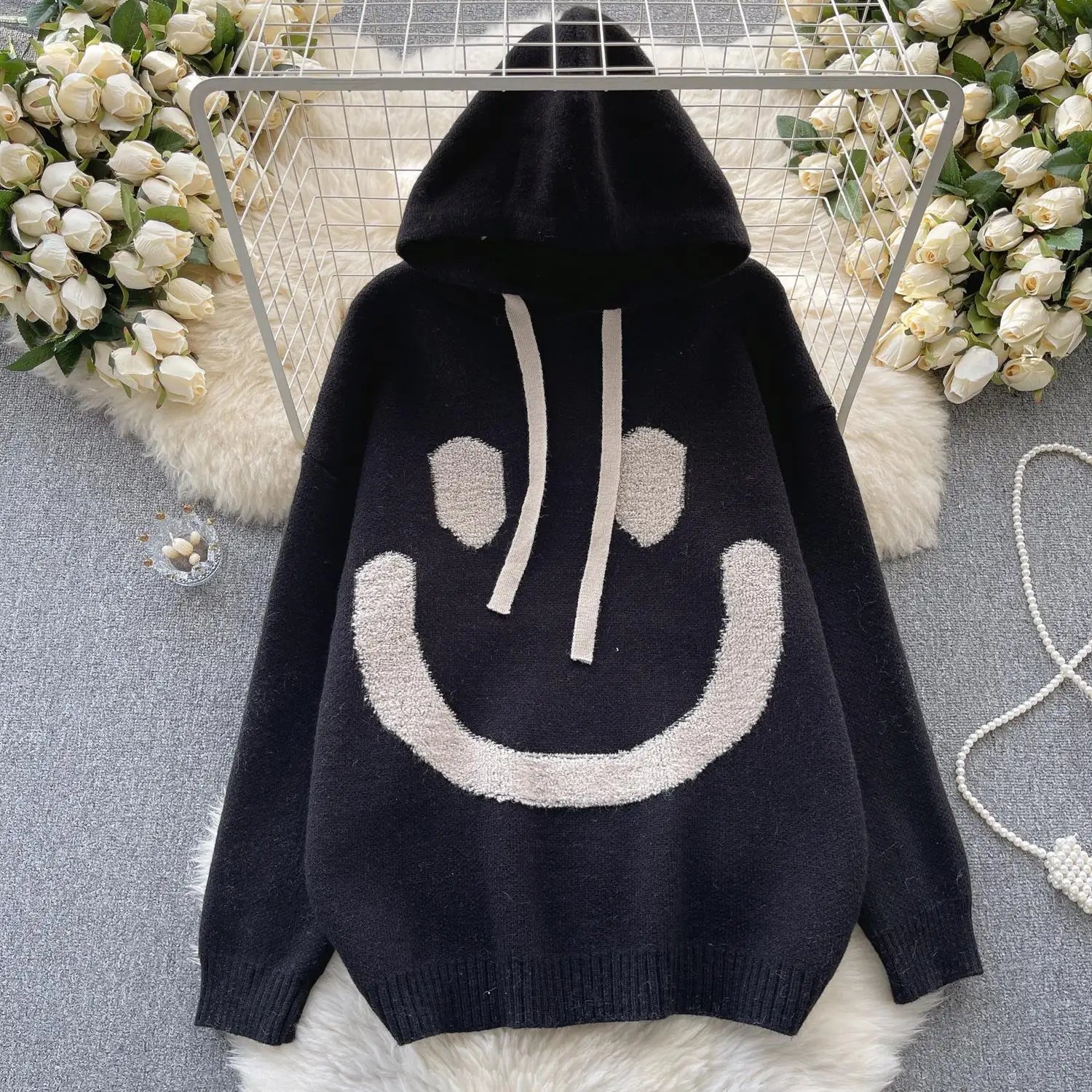 Women Patchwork Smiling Face Pullover Sweater Korean Loose Long Sleeve Casual Autumn Winter Thick Warm Knitted Hooded Tops Trend
