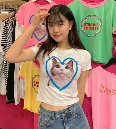 Y2k Aesthetics Crop Top Korean Fashion Kitten Print T-shirt Kpop Designer Clothes Kawaii Cat Short Sleeve Tshirt Sweet