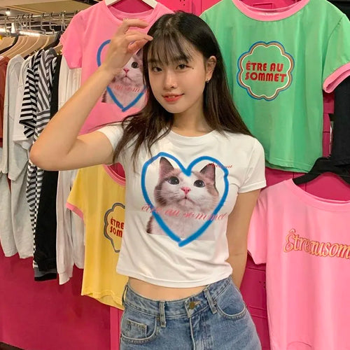 Load image into Gallery viewer, Y2k Aesthetics Crop Top Korean Fashion Kitten Print T-shirt Kpop Designer Clothes Kawaii Cat Short Sleeve Tshirt Sweet

