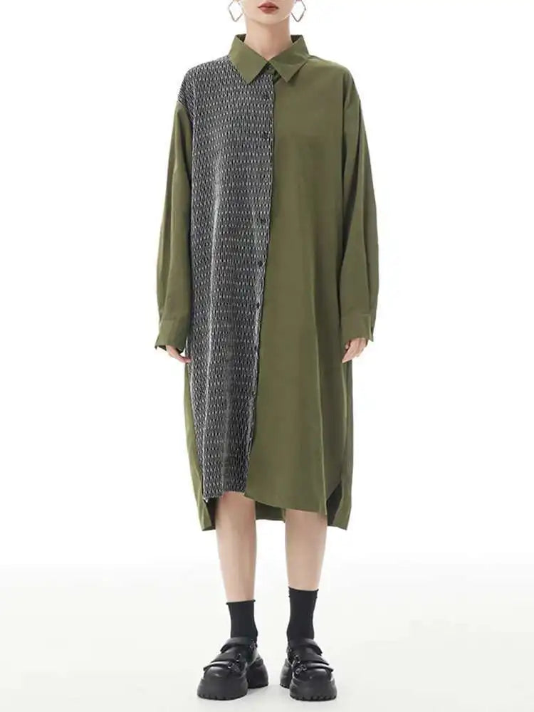 Women Black Color-block Big Size Midi Shirt Dress New Lapel Long Sleeve Loose Fit Fashion Tide Spring Autumn 2025 1DH2095