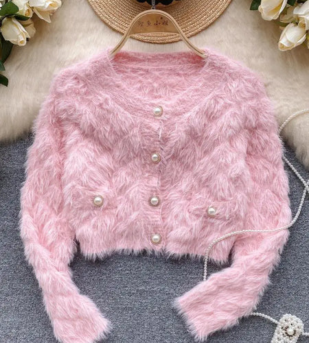 Female Women Fall Winter Solid Plush Mink Knitted Cardigan Sweater V-neck Long Sleeves Loose Single Breasted Jacket French Retro