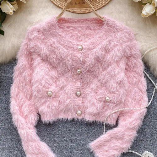 Load image into Gallery viewer, Female Women Fall Winter Solid Plush Mink Knitted Cardigan Sweater V-neck Long Sleeves Loose Single Breasted Jacket French Retro
