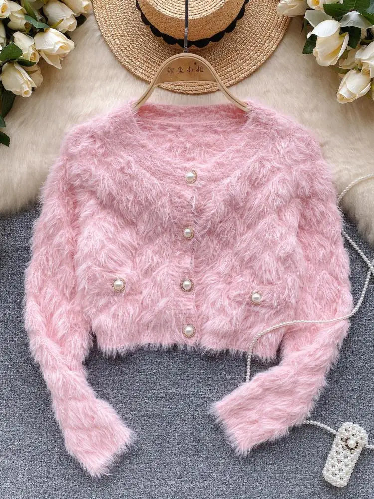 Female Women Fall Winter Solid Plush Mink Knitted Cardigan Sweater V-neck Long Sleeves Loose Single Breasted Jacket French Retro