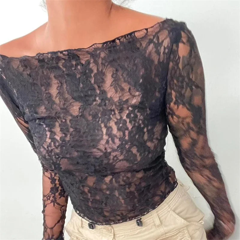 Women Lace Top y2k Clothing See Through Floral Hollow Out Round Neck Long Sleeve Ruffle Hem Mesh T Shirt Streetwear