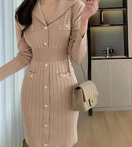 Women Khaki Single Breasted Long Sleeved Office Mini Dress Autumn Winter New Black V Neck Slim High Waist Knitted Short Dresses