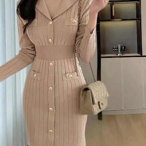 Load image into Gallery viewer, Women Khaki Single Breasted Long Sleeved Office Mini Dress Autumn Winter New Black V Neck Slim High Waist Knitted Short Dresses
