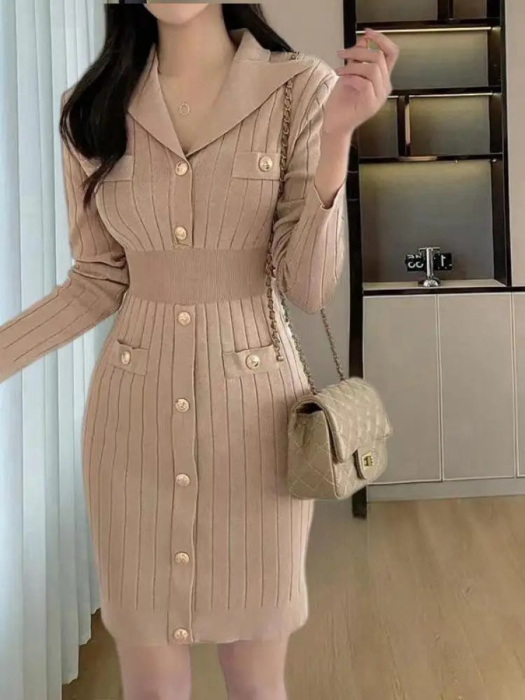 Women Khaki Single Breasted Long Sleeved Office Mini Dress Autumn Winter New Black V Neck Slim High Waist Knitted Short Dresses