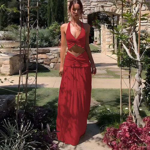 Load image into Gallery viewer, Sexy Sleeveless Skirt Two Pieces Sets For Women V-neck Hollow Out Crop Tops And Long Skirt Patchwork Two Pieces Sets
