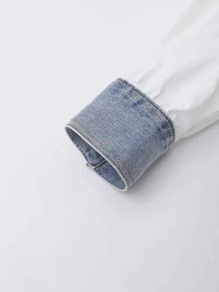 Women White Denim Color-block Big Size Elegant Blouse New Lapel Long Sleeve Shirt Fashion Tide Spring Autumn 2025 CPDB122