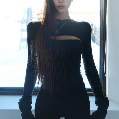 Load image into Gallery viewer, Y2k Aesthetic Fashion Long Sleeve Crop Top Slim All Match Vintage Sexy Women T-Shirts Hollow Out Simple Solid Button Tees Femme
