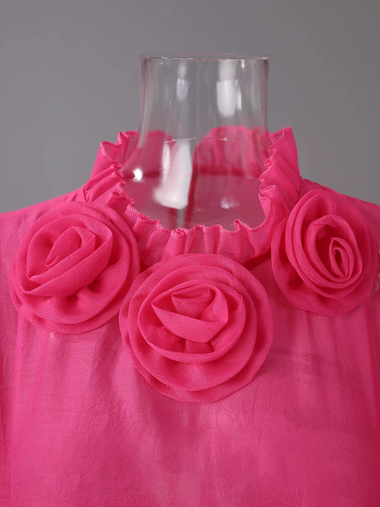 Women Rose Red Mesh Flower Big Size Mini Dress New Stand Collar Long Sleeve Fashion Tide Spring Autumn 2025 CPG3051