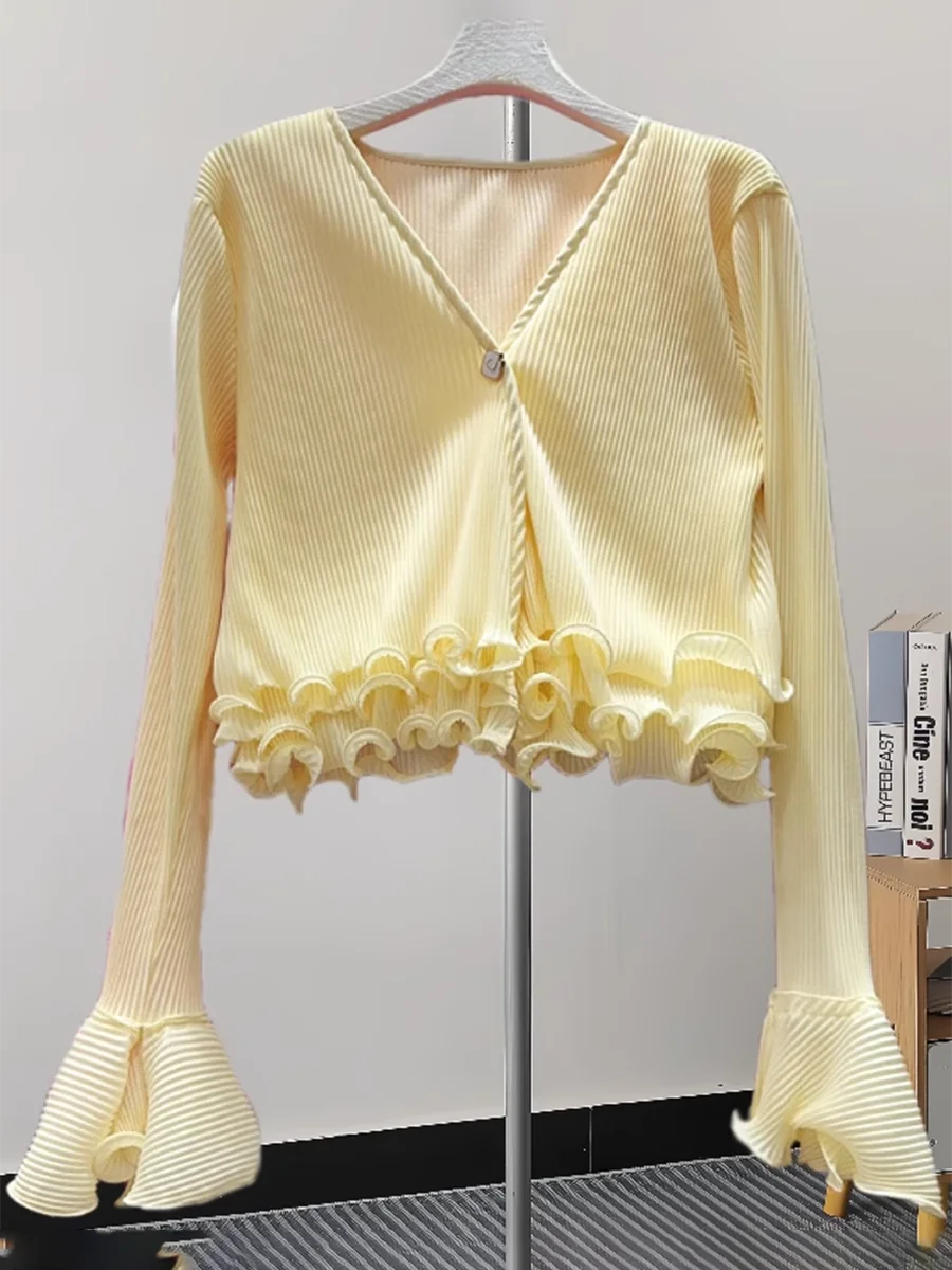 Solid Spliced Ruffles Slimming Blouses For Women V Neck Long Sleeve Temperament Shirts Female Fashion Style Clothes