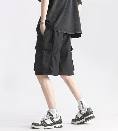 Casual Men's Cargo Shorts Mulit Pockets Elastic Waist Solid Color Summer American Style Clothing Male Overalls 9W1351