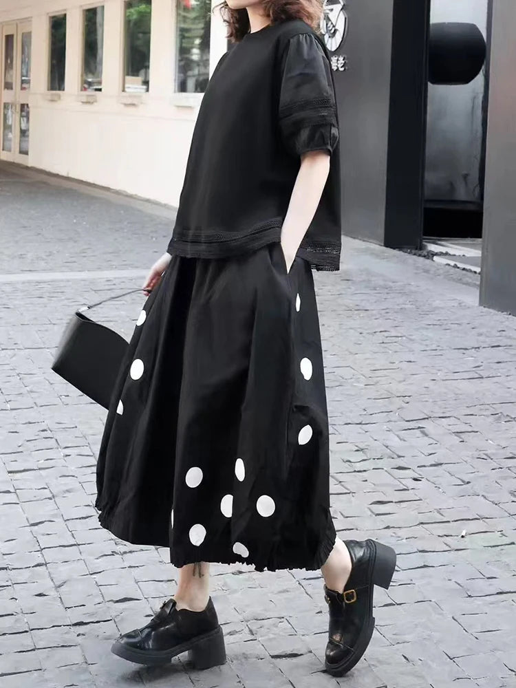 Women Black Lace Hollow Out Big Size Casual T-shirt New Round Neck Short Sleeve Fashion Tide Spring Summer 2025 1DJ1136