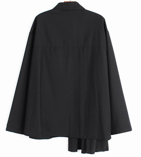 Solid Asymmetrical Shirt For Women Lapel Long Sleeve Patchwork Folds Basics Blouse Summer Female Fashion Clothing