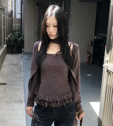 Japanese Y2k Knitted Tops Two Piece Set Vintage Harajuku Button Knit T-shirt Sets Korean 2000s Style Knitwear American