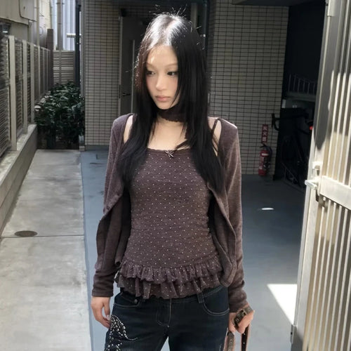 Load image into Gallery viewer, Japanese Y2k Knitted Tops Two Piece Set Vintage Harajuku Button Knit T-shirt Sets Korean 2000s Style Knitwear American
