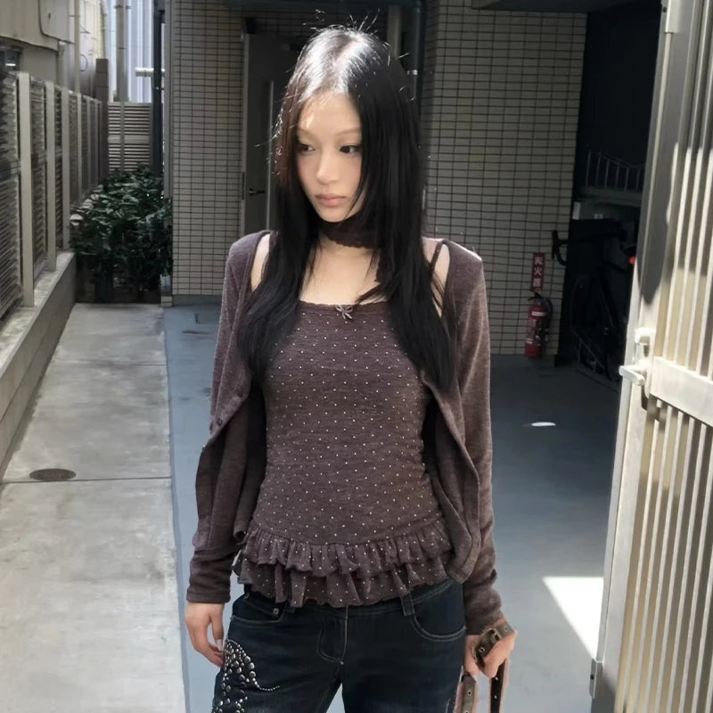 Japanese Y2k Knitted Tops Two Piece Set Vintage Harajuku Button Knit T-shirt Sets Korean 2000s Style Knitwear American
