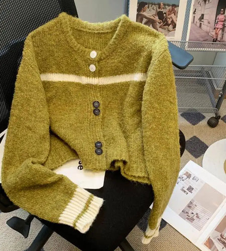 Korean Purple Patchwork Long Sleeved Short Sweater Women's New Green Casual Thick Loose Knit Pullover Top Autumn Winter 2024 Y2k