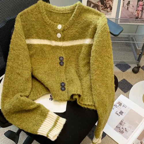 Load image into Gallery viewer, Korean Purple Patchwork Long Sleeved Short Sweater Women's New Green Casual Thick Loose Knit Pullover Top Autumn Winter 2024 Y2k
