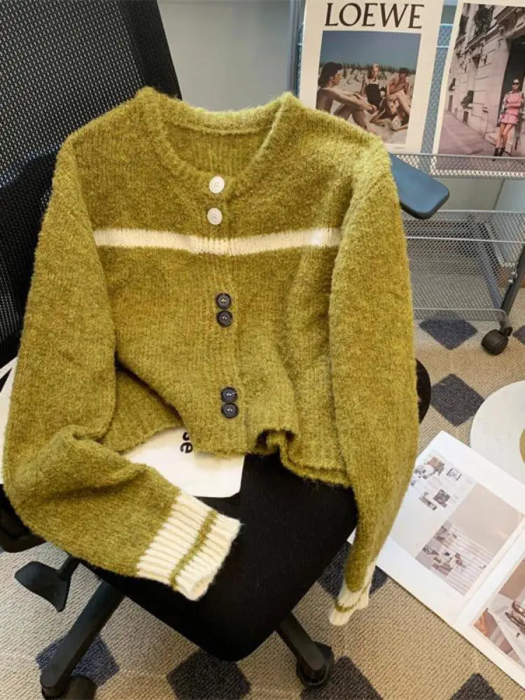 Korean Purple Patchwork Long Sleeved Short Sweater Women's New Green Casual Thick Loose Knit Pullover Top Autumn Winter 2024 Y2k