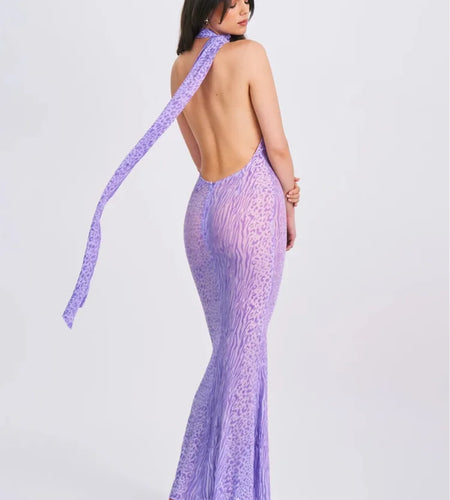 Elegant Sleeveless Hanging Neck Mesh Long Dress Women's Sexy Backless Bodycon Leopard Pattern Dress Party Club Vestidos