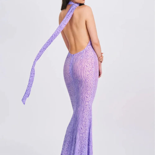 Load image into Gallery viewer, Elegant Sleeveless Hanging Neck Mesh Long Dress Women's Sexy Backless Bodycon Leopard Pattern Dress Party Club Vestidos
