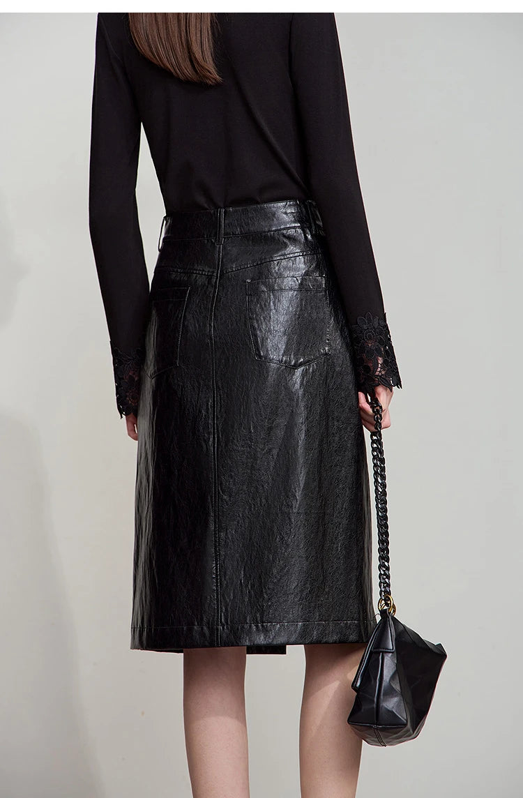 Minimalist PU Leather Skirt For Women 2025 American Retro Knee-Length Skirt Solid Basics Business Women's Clothing 12553014