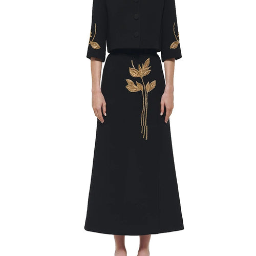 Load image into Gallery viewer, Spliced Embroidered Flares Two Piece Sets For Women Round Neck Half Sleeve Tops High Waist A Line Skirts Elegant Set Female
