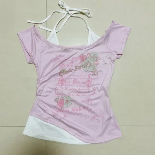 Load image into Gallery viewer, Summer Fake Two Pieces Halter Bandage Vintage T-shirts Y2k Aesthetic Slim Crop Tops Women Grunge Print Harajuku Casual Sexy Tee
