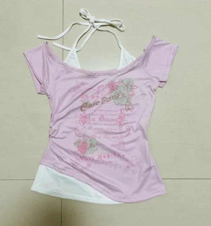 Summer Fake Two Pieces Halter Bandage Vintage T-shirts Y2k Aesthetic Slim Crop Tops Women Grunge Print Harajuku Casual Sexy Tee