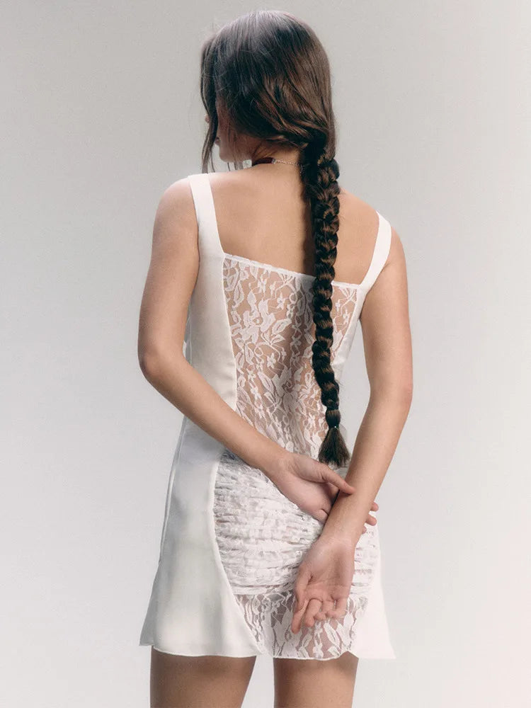 Sexy Lace Camisole Double-layer Dress For Women's Slim Fit Backless Tight Short Skirt Female 2025 Spring Sheer Vestidos