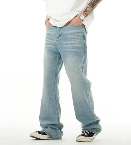 High Street Men's Washed Denim Pants American Style Loose Straight Wide Leg Trendy Solid Color Male Summer Bottoms 9W1741