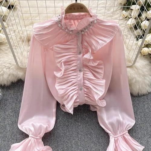 Load image into Gallery viewer, Korean Women Solid Elegant Ruffles Shirt Chic Long Sleeve Lace Ruffles Stand Collar Casual Loose Blouses Tops Autumn Vintage Y2k
