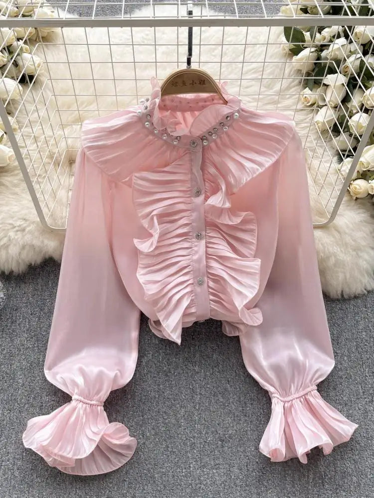 Korean Women Solid Elegant Ruffles Shirt Chic Long Sleeve Lace Ruffles Stand Collar Casual Loose Blouses Tops Autumn Vintage Y2k