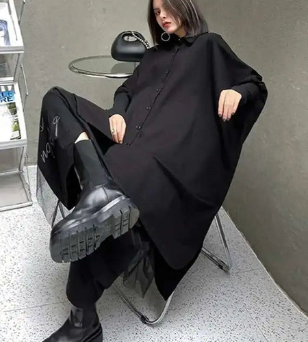 Women Black Irregular Big Size Long Blouse New Lapel Long Sleeve Loose Fit Shirt Fashion Tide Spring Autumn 2025 1DF0333