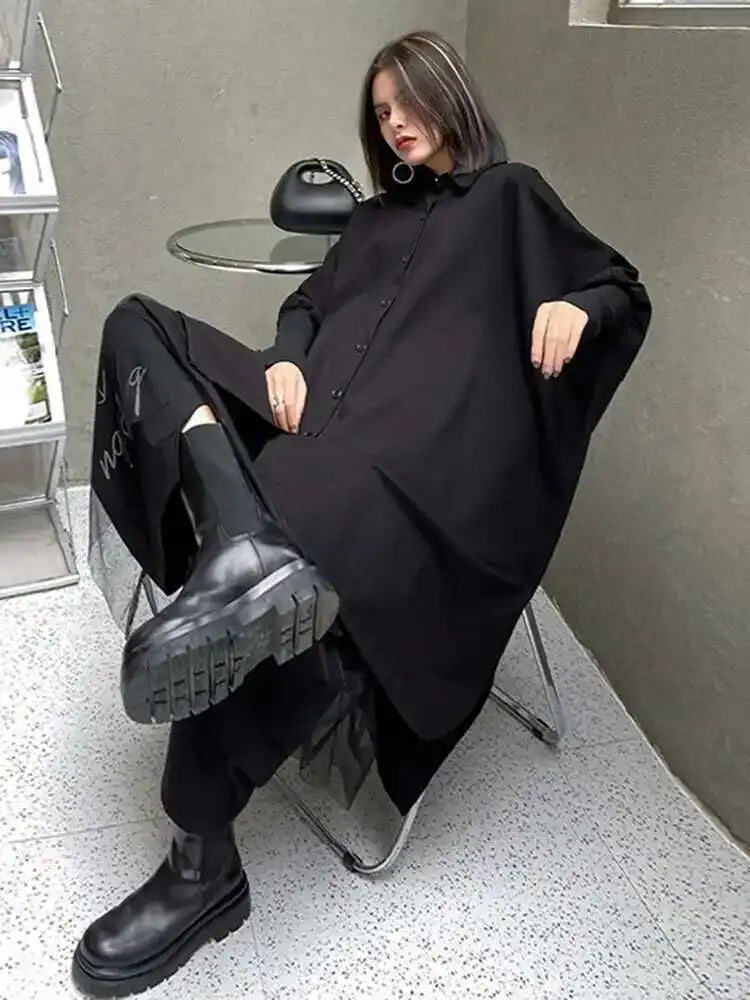 Women Black Irregular Big Size Long Blouse New Lapel Long Sleeve Loose Fit Shirt Fashion Tide Spring Autumn 2025 1DF0333