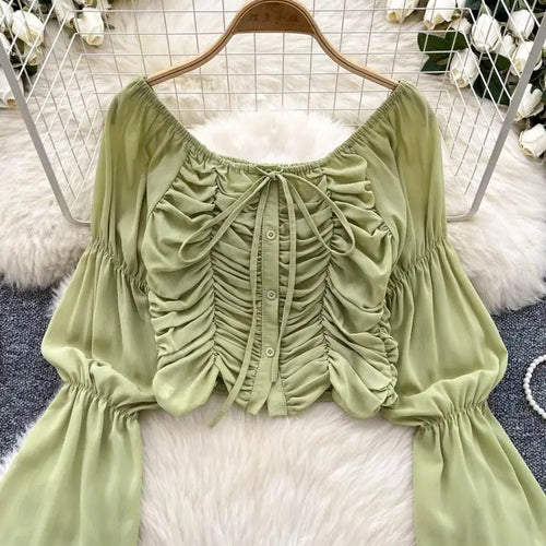 Load image into Gallery viewer, French 2024 Autumn New Black Beige Slim Festival Blouse Women Green Flared Long Sleeved Pleated Lace-up Short Shirt Versatile
