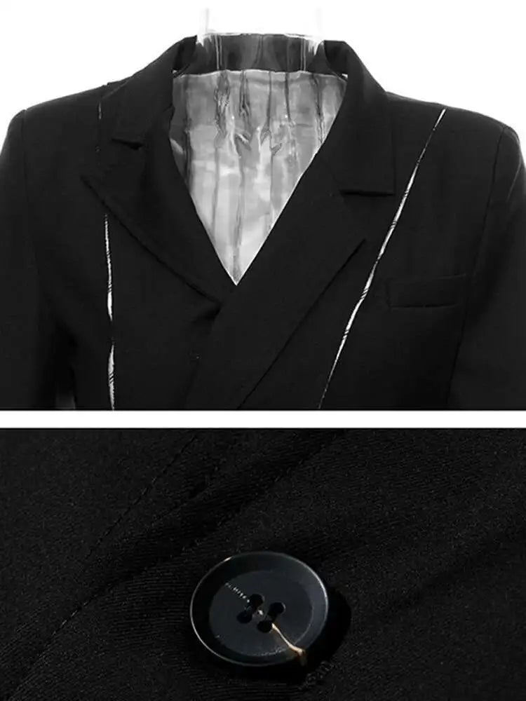 Women Black White Striped Spliced Irregular Dress New Round Neck Full Sleeve Loose Fit Fashion Spring Autumn 2025 1A320