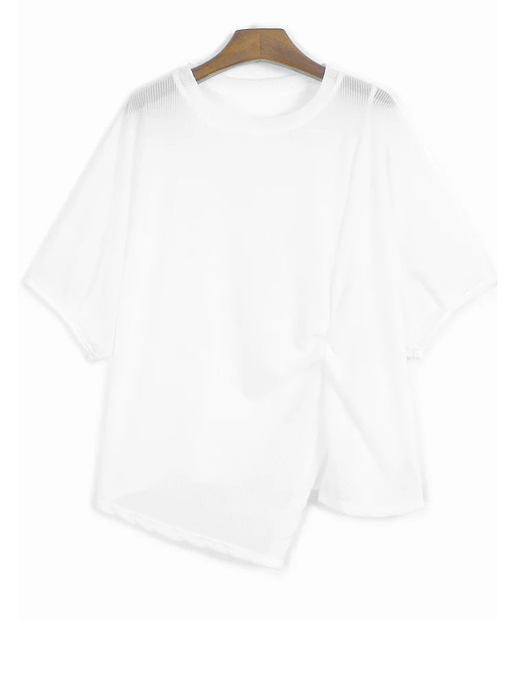 Women Black Irregular Pleated Big Size Casual T-shirt New Round Neck Short Sleeve Fashion Tide Spring Summer 2025 1DJ1318