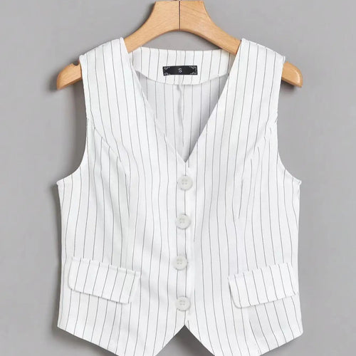 Load image into Gallery viewer, Black White Blue Stripe V Neck Sexy Sleeveless Tank Tops Summer Clothes Women Fashion Single Breasted Asymmetrical Vest Trendy
