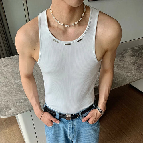 Load image into Gallery viewer, Men&#39;s Tank Tops Metal Design Round Collar Sleeveless Solid Color Casual Male T-shirts Korean Style Summer 9C6775
